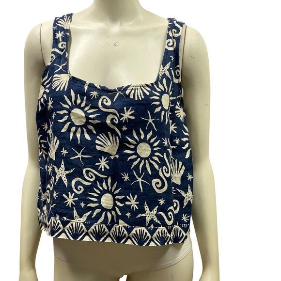 C&C California Womens Blue & White Sun & Stars Print Linen‎ Tank Top MD NWT - Picture 2 of 5
